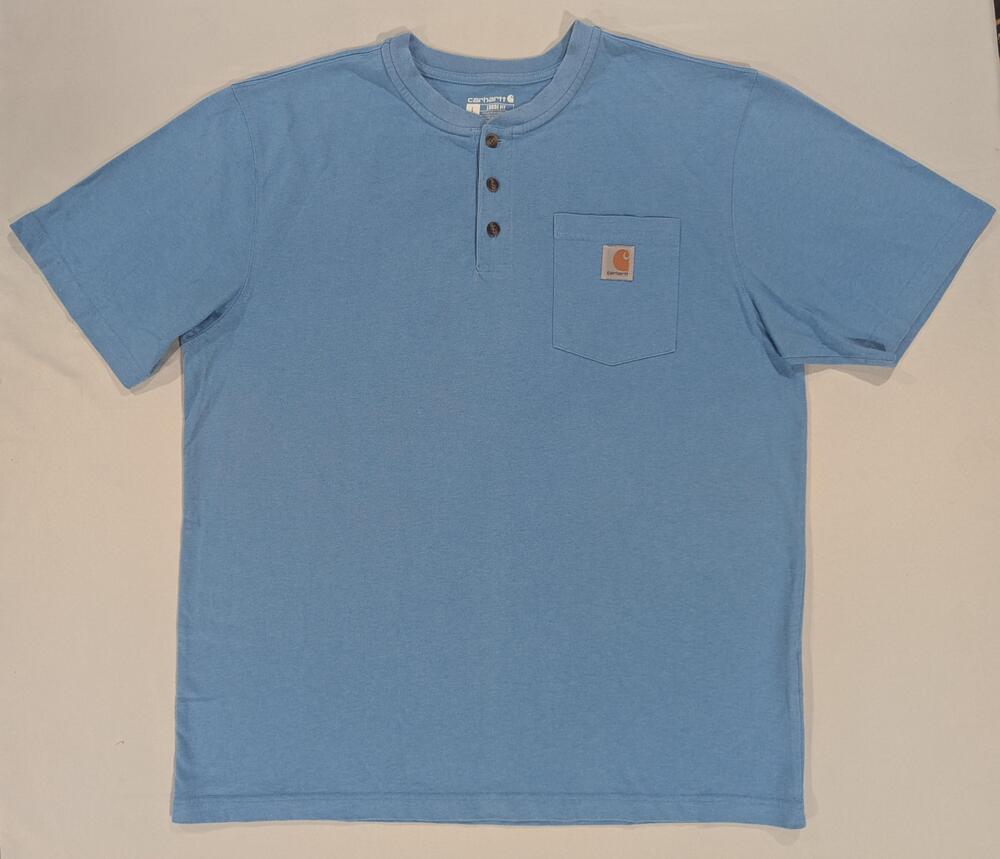 Carhartt Shirt Mens L Blue Short Sleeve Henley Pocket Loose Fit Tee Workwear